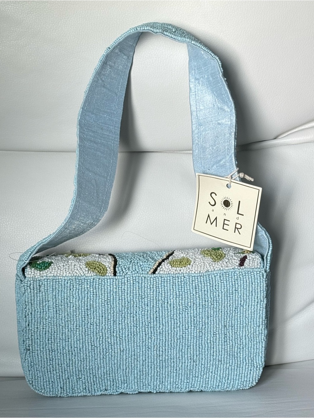 Light Blue Beaded Shoulder Bag with Paris Motif - Picture 2 of 9